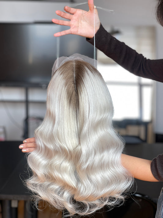 Silver Ash Blonde Long Wavy Human Hair Topper Mini Wig, product view 2 — alternate view