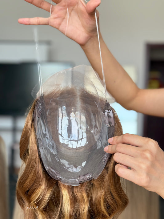 Warm Brown Blonde Highlighted Long Wavy Human Hair Topper Mini Wig, product view 2 — alternate view
