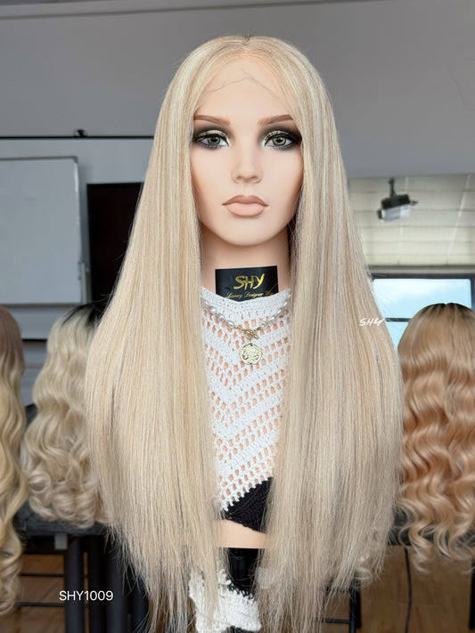 Ash Blonde Middle-Part Straight Human Hair Lace Front Glueless Medical Wig, product view 2 — alternate view