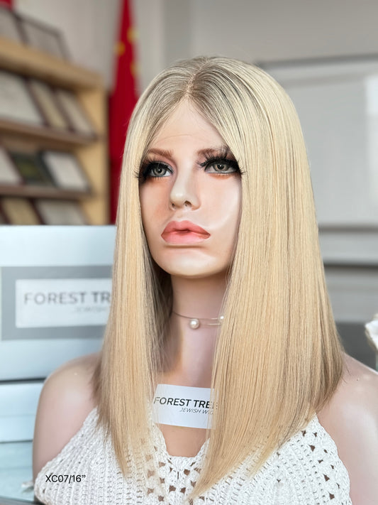 Light Blonde Middle-Part Shoulder-Length Straight Human Hair Sheitel Wig, product view 2 — alternate view