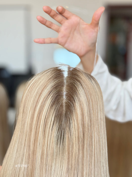 Light Blonde Long Straight Human Hair Topper Mini Wig, product view 2 — alternate view