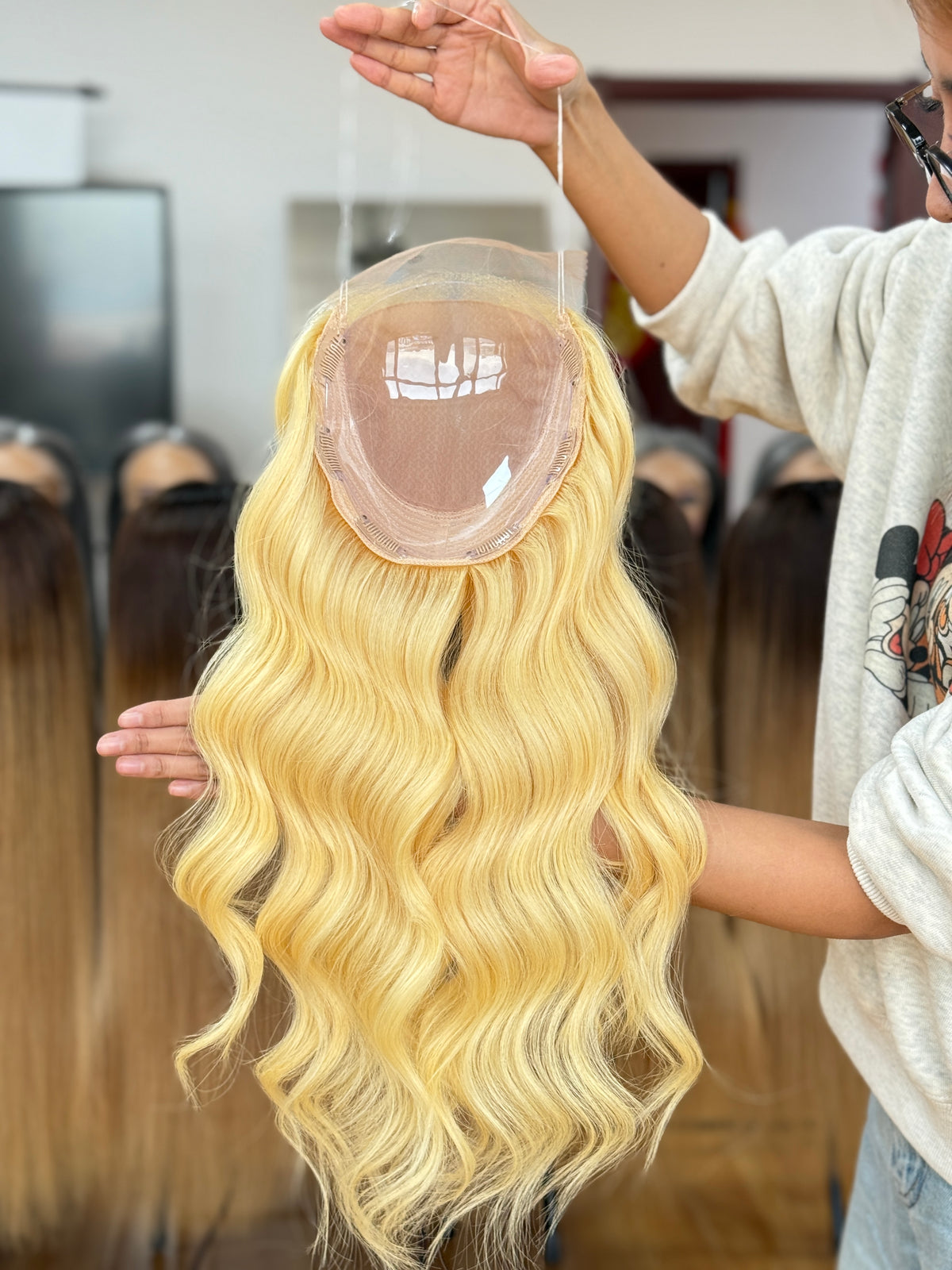 Light Blonde Long Wavy Human Hair Topper Mini Wig, product view 4