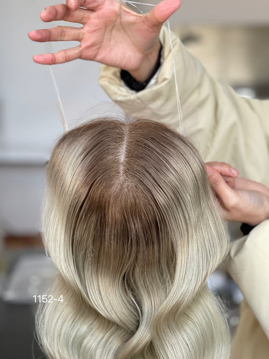Ash Brown Dark-Root Long Wavy Human Hair Topper Mini Wig, product view 2 — alternate view