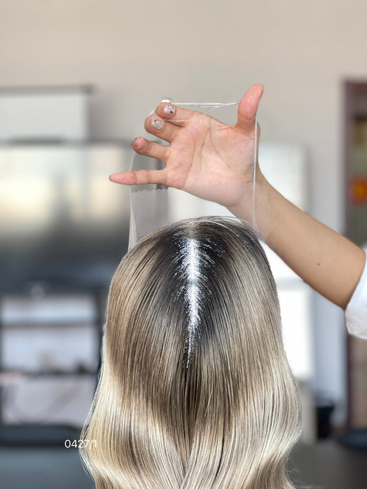 Chocolate Brown Rooted Blonde Long Wavy Human Hair Topper Mini Wig, product view 2 — alternate view