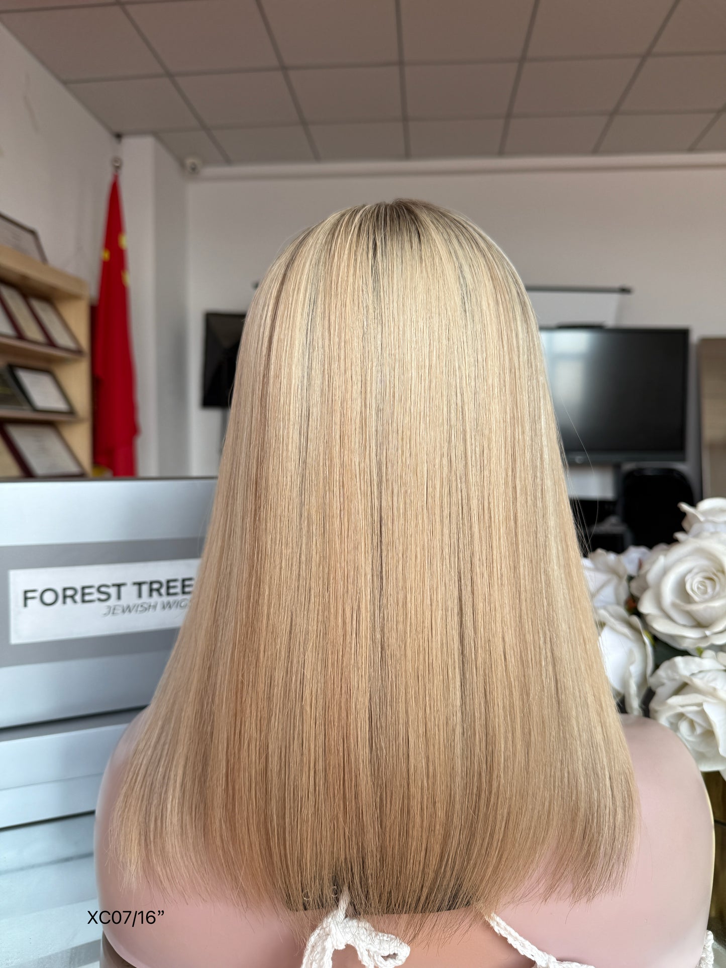 Light Blonde Middle-Part Shoulder-Length Straight Human Hair Sheitel Wig, product view 6