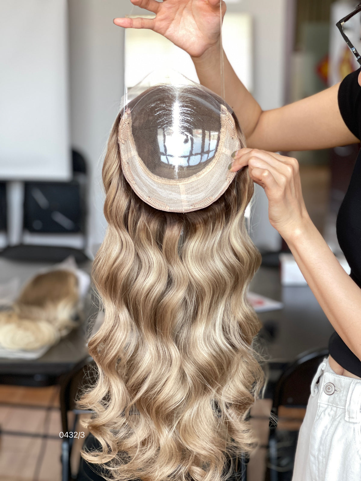 Warm Brown Dark-Root Blonde Highlighted Long Wavy Human Hair Topper Mini Wig, product view 5