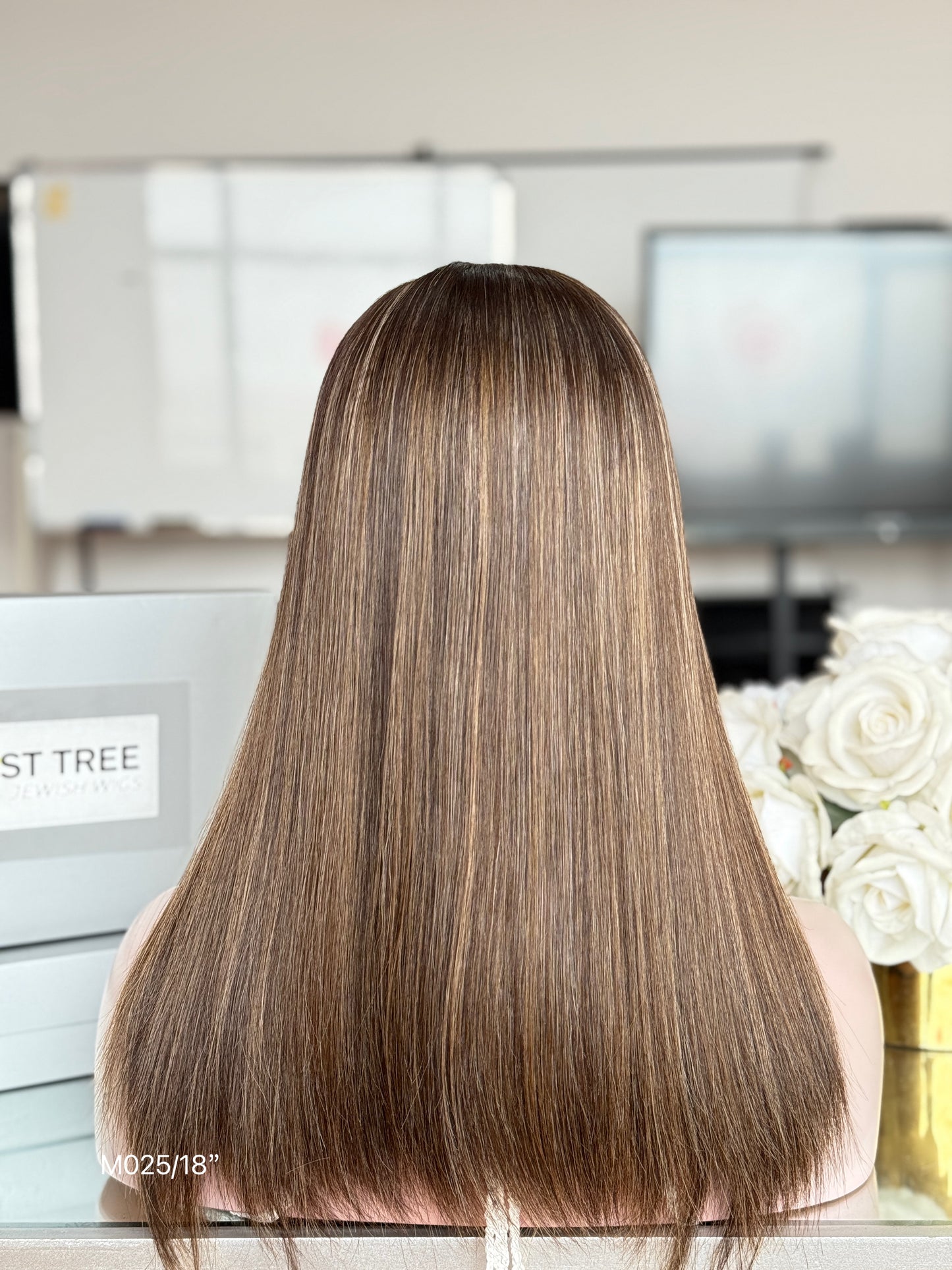 Smoked Ash Brown Middle-Part Long Straight Human Hair Sheitel Wig, product view 7