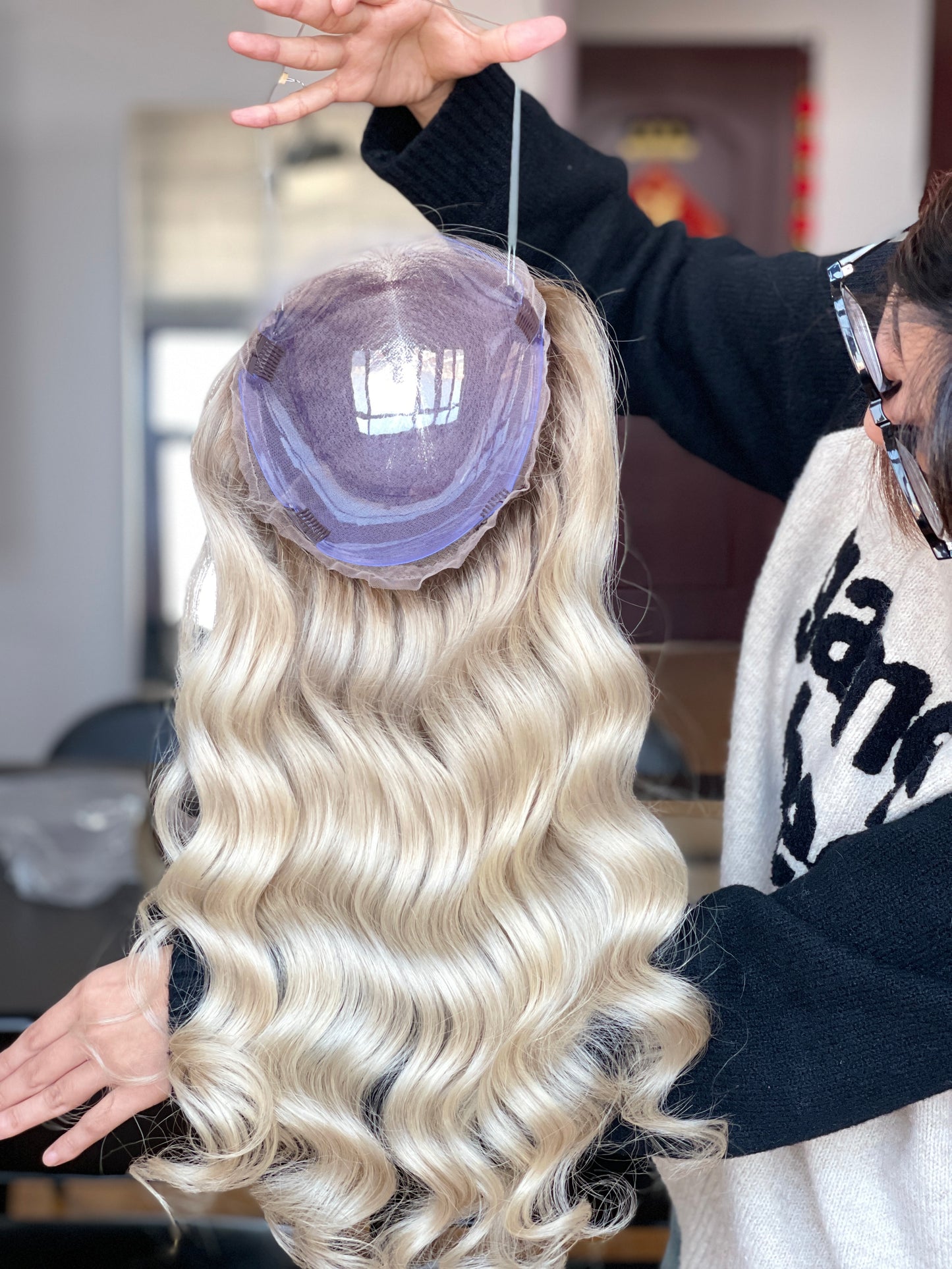 Ash Blonde Center-Part Long Wavy Human Hair Topper Mini Wig, product view 8