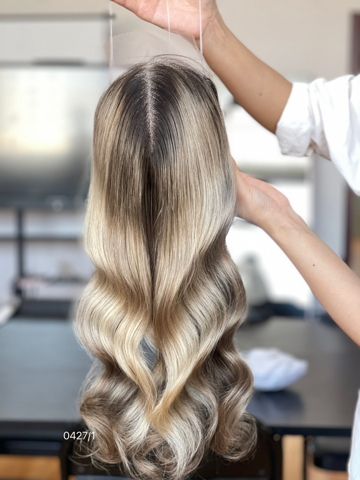 Chocolate Brown Rooted Blonde Long Wavy Human Hair Topper Mini Wig, product view 6