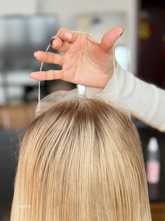 Light Blonde Long Straight Human Hair Topper Mini Wig, product view 2 — alternate view