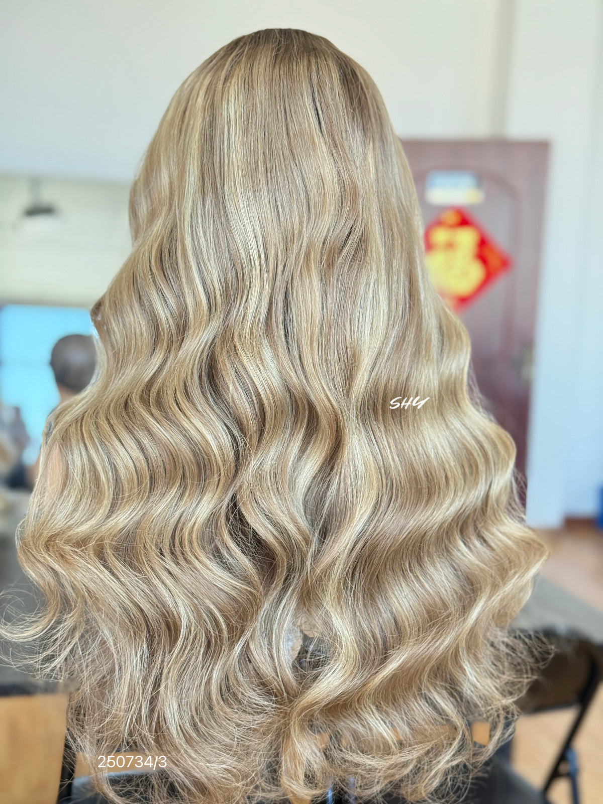Honey Brown Blonde Highlighted Middle-Part Body Wave Human Hair Lace Front Glueless Medical Wig, product view 8