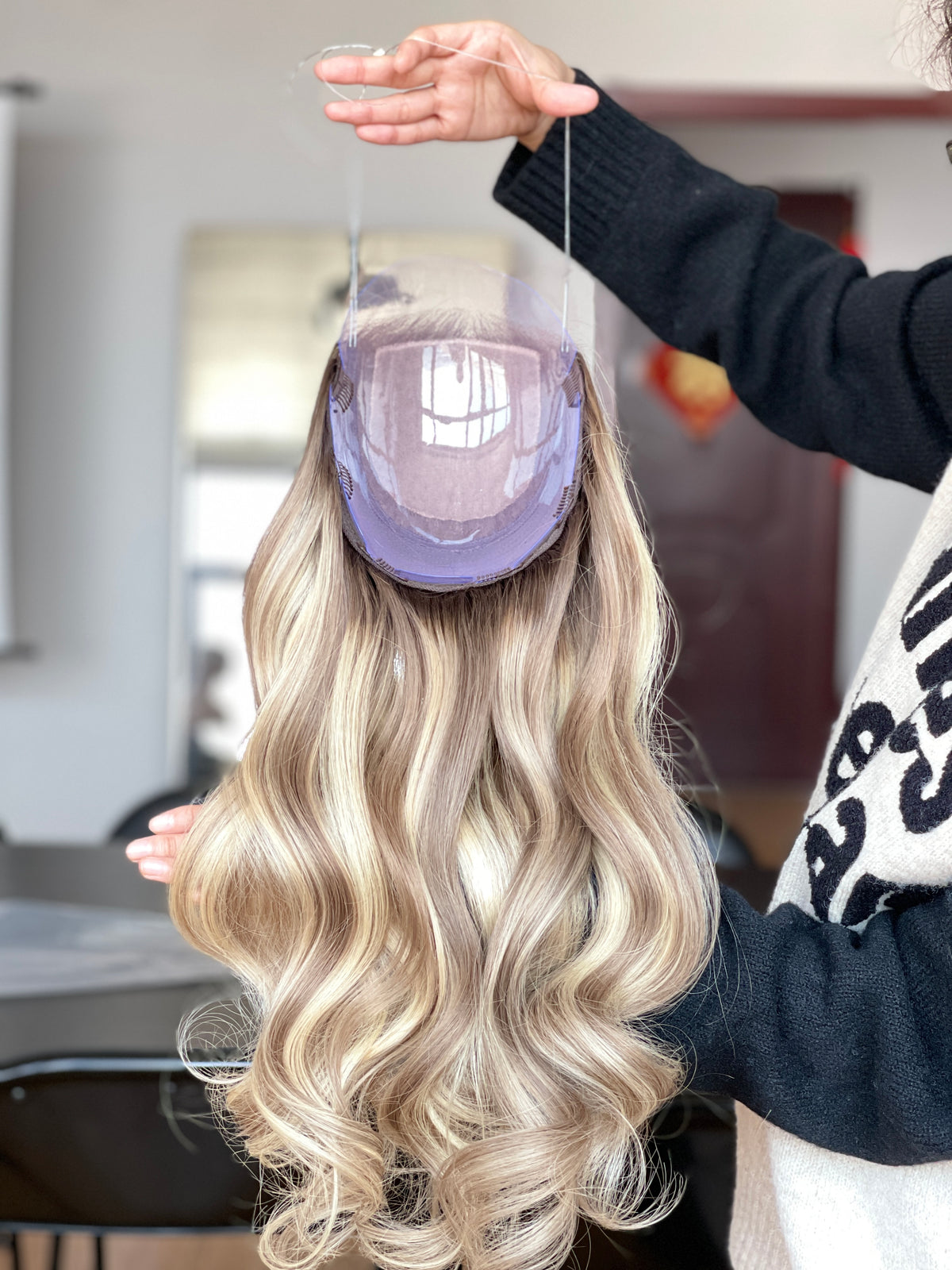 Ash Blonde Center-Part Long Wavy Human Hair Topper Mini Wig, product view 9