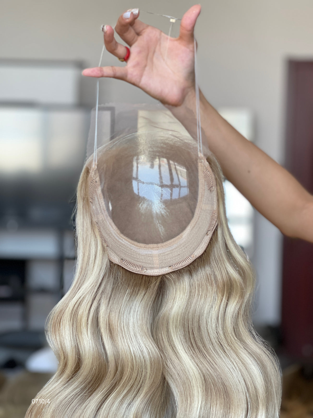 Ash Brown Dark-Root Long Wavy Human Hair Topper Mini Wig, product view 8