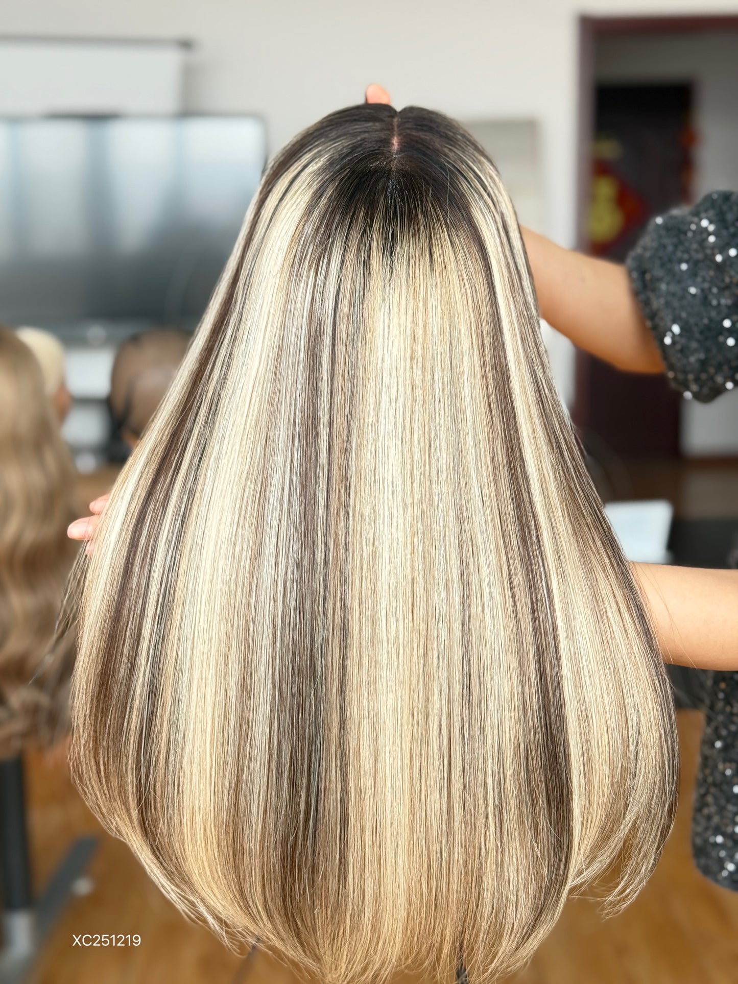 Dark Root Highlighted Blonde Middle-Part Long Straight Human Hair Sheitel Wig, product view 10