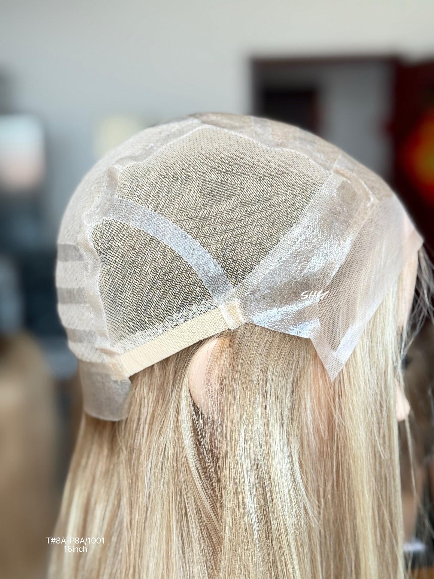 Beige Blonde Highlighted Middle-Part Shoulder-Length Straight Human Hair Lace Front Glueless Medical Wig, product view 11