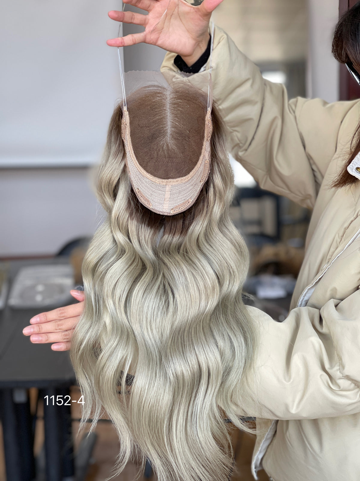 Ash Brown Dark-Root Long Wavy Human Hair Topper Mini Wig, product view 12