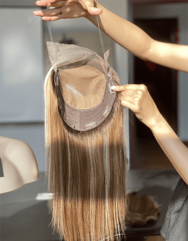 Ash Blonde Lace Front and 8x8 Human Hair Topper Mini Wig, 16 Inch with Silk Base Detail