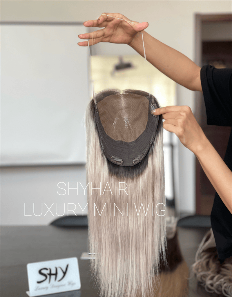 Silver Gray Lace Front and 8x8 Human Hair Topper Mini Wig, 16 Inch with Cap Detail View