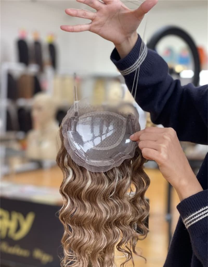 Warm Brown 8x8 Full Lace Human Hair Topper Mini Wig, 16 Inch with Cap Detail View