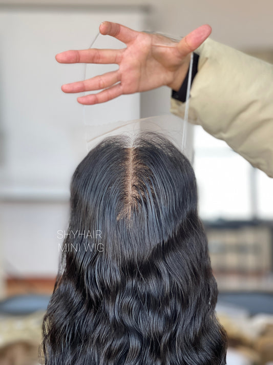 Natural Black Curly Human Hair Mini Wig - color, texture, blending, or base detail — alternate view