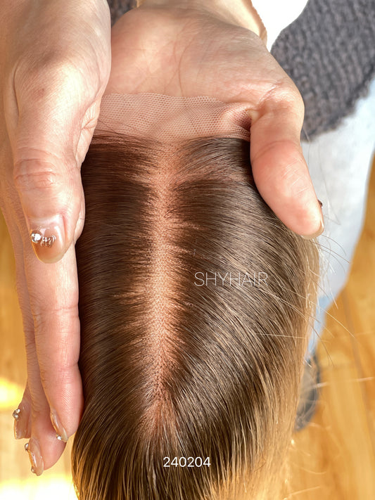 Dark-Root Ash Beige Blonde Straight Human Hair Mini Wig - color, texture, blending, or base detail — alternate view