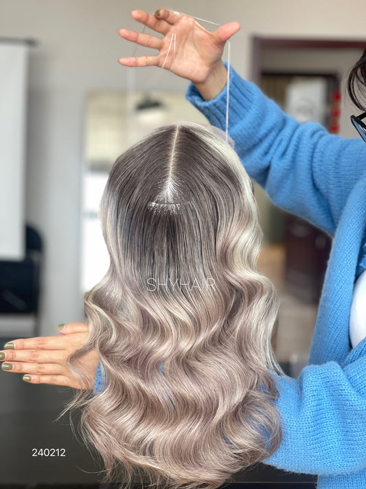 Smoky Lavender Ash Blonde Wavy Human Hair Mini Wig - color, texture, blending, or base detail — alternate view