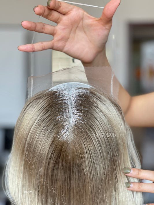 Light Ash Champagne Blonde Long Soft-Wave Human Hair Mini Wig - color, texture, blending, or base detail — alternate view