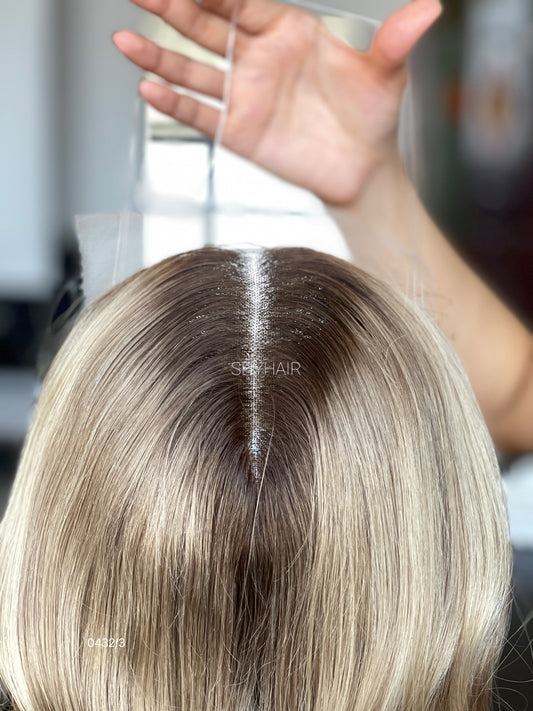 Rooted Beige Blonde Curly Human Hair Mini Wig - color, texture, blending, or base detail — alternate view