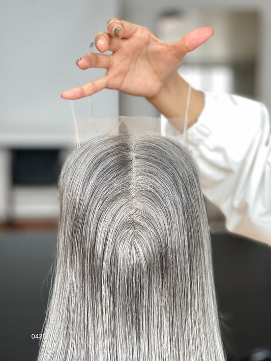Cool Silver Gray Long Straight Human Hair Mini Wig - color, texture, blending, or base detail — alternate view
