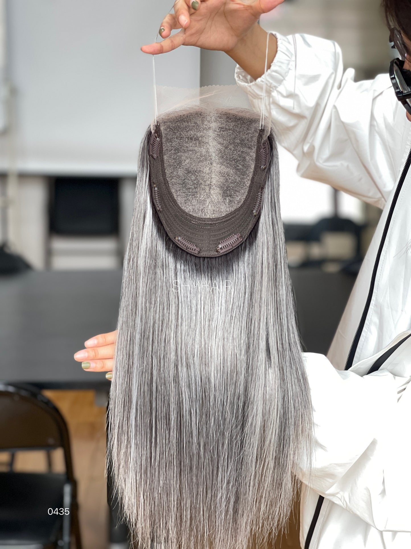 Cool Silver Gray Long Straight Human Hair Mini Wig - base and construction detail