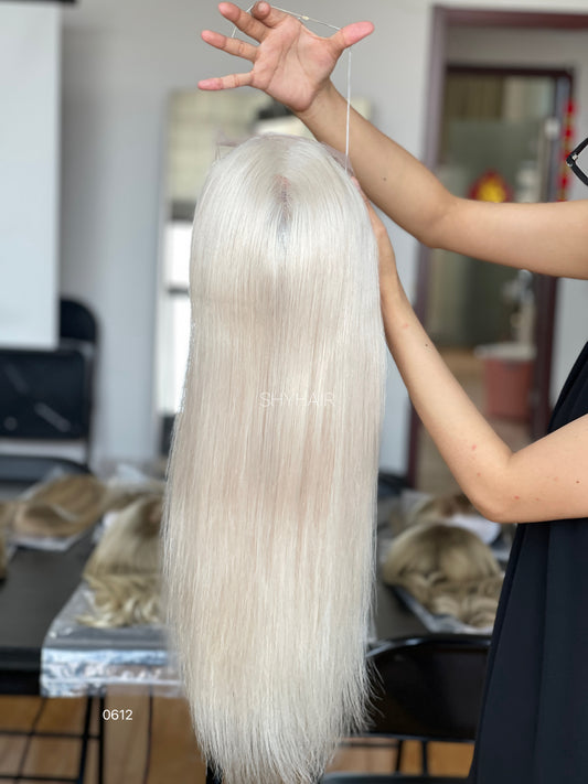 Platinum Blonde Straight Human Hair Mini Wig - color, texture, blending, or base detail — alternate view