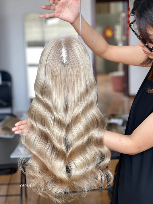 Champagne Blonde Medium Wavy Human Hair Mini Wig - color, texture, blending, or base detail — alternate view