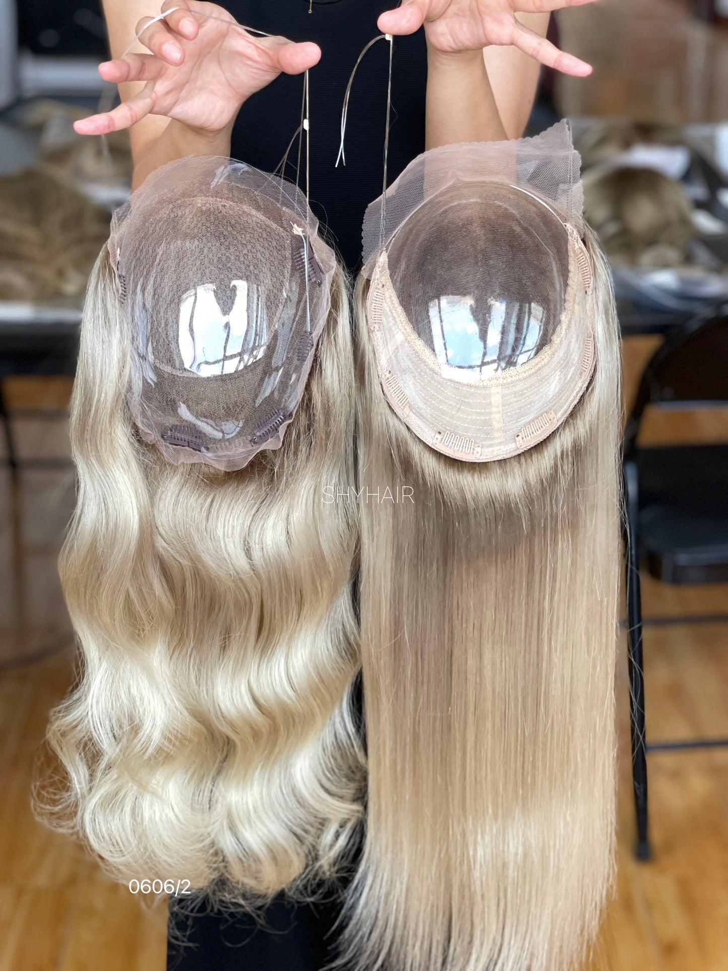 Pale Golden Blonde Wavy Human Hair Mini Wig - base and construction detail