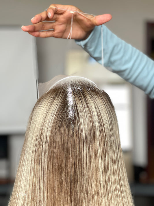 Rooted Golden Beige Blonde Straight Human Hair Mini Wig - color, texture, blending, or base detail — alternate view