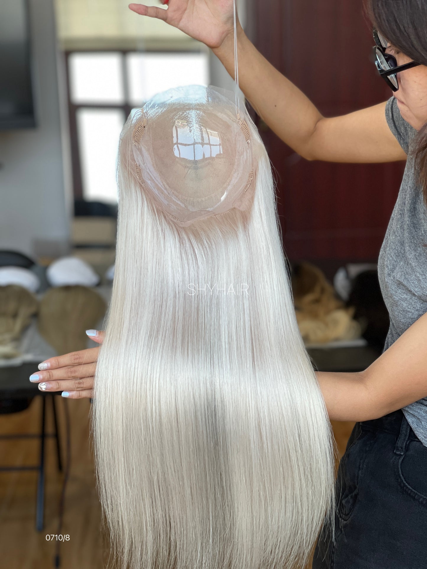 Pearl Platinum Blonde Long Straight Human Hair Mini Wig - base and construction detail