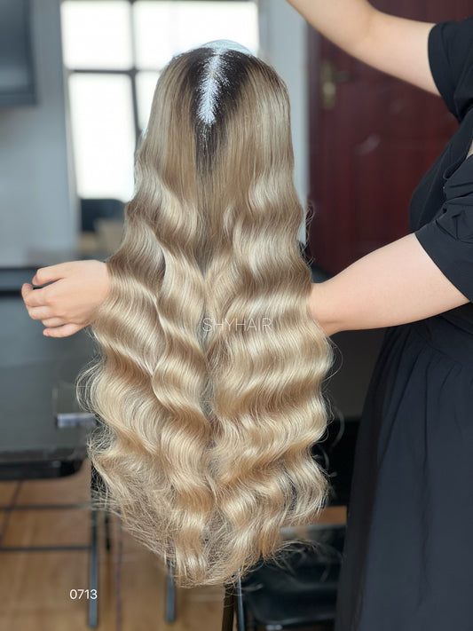 Dark-Root Beige Blonde Long Wavy Human Hair Mini Wig - color, texture, blending, or base detail — alternate view