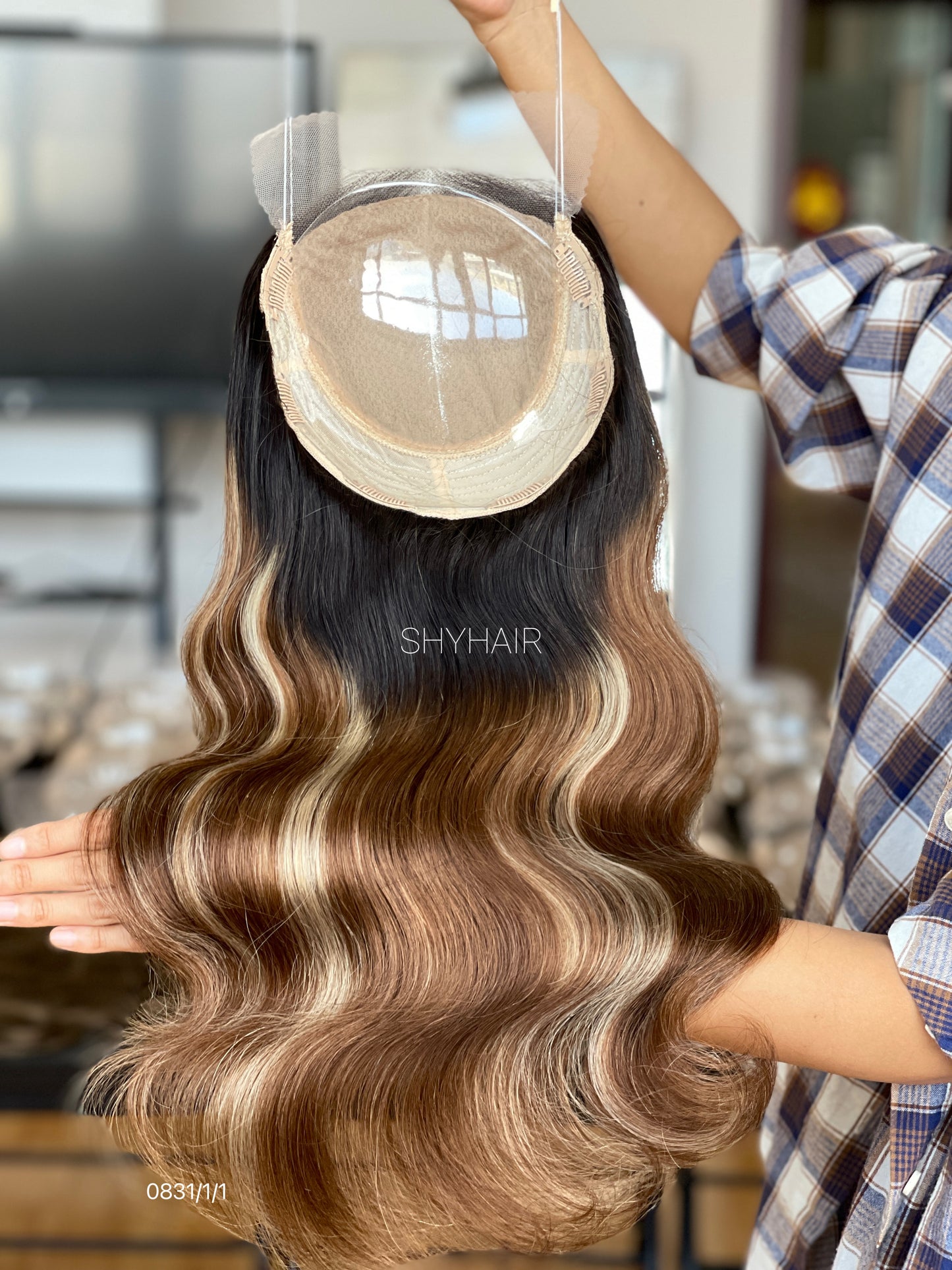 Highlighted Chestnut Brown Wavy Human Hair Mini Wig - base and construction detail