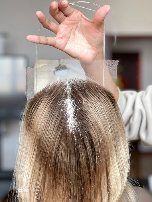 Warm Beige Rooted Long-Curl Human Hair Mini Wig - color, texture, blending, or base detail — alternate view