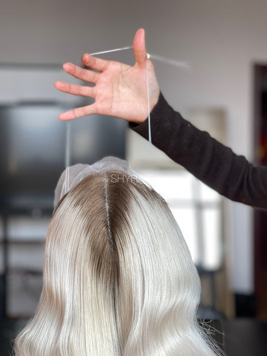 Pale Platinum Ash Blonde Wavy Human Hair Mini Wig - color, texture, blending, or base detail — alternate view