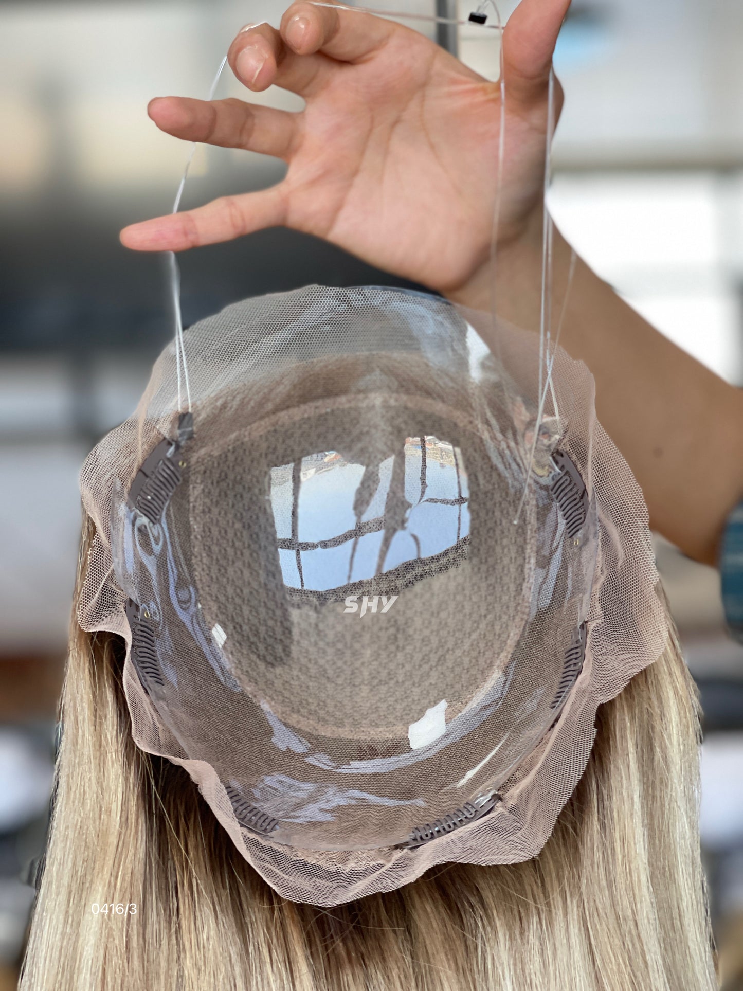 Dark-Root Beige Blonde Straight Human Hair Mini Wig - base and construction detail
