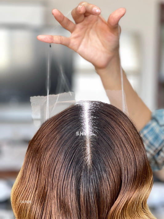 Warm Copper Brown Wavy Human Hair Mini Wig - color, texture, blending, or base detail — alternate view