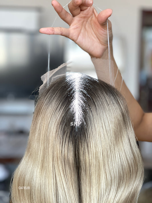Rooted Beige Blonde Wavy Human Hair Mini Wig - color, texture, blending, or base detail — alternate view