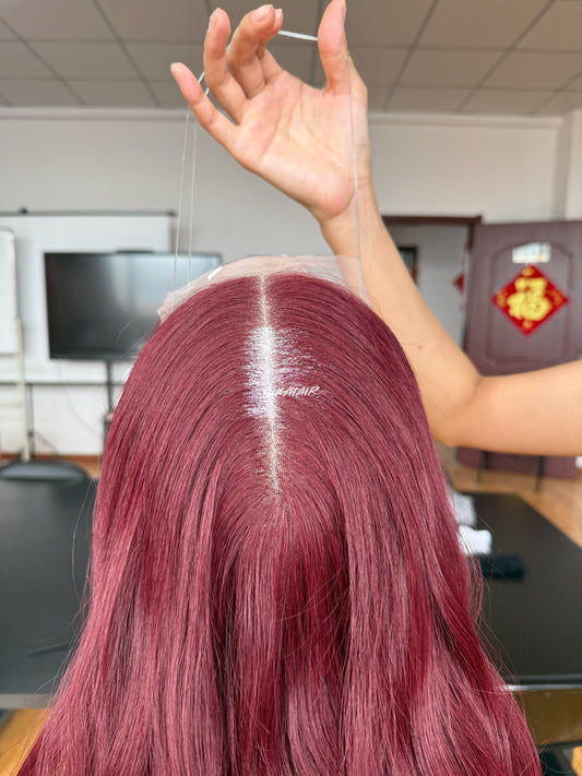 Burgundy Red Wavy Human Hair Mini Wig - color, texture, blending, or base detail — alternate view