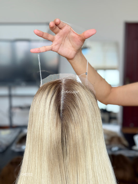 Dark-Root Pale Blonde Straight Human Hair Mini Wig - color, texture, blending, or base detail — alternate view