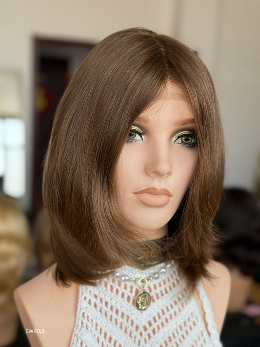 Light Chestnut Brown Shoulder-Length Layered Silk Top Human Hair Medical Wig - Europe Dispatch - wearing and style detail — alternate view