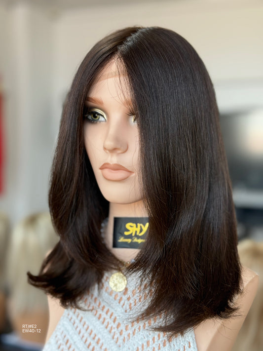 Dark Chocolate Brown Medium-Length Layered Silk Top Human Hair Medical Wig - Europe Dispatch - wearing and style detail — alternate view