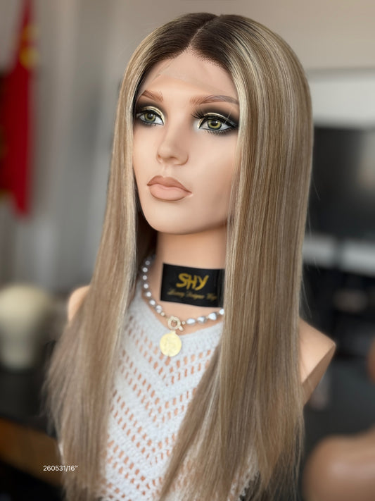Blonde Full Hand-Tied Human Hair Medical Wig - Style 014 - detail view — alternate view