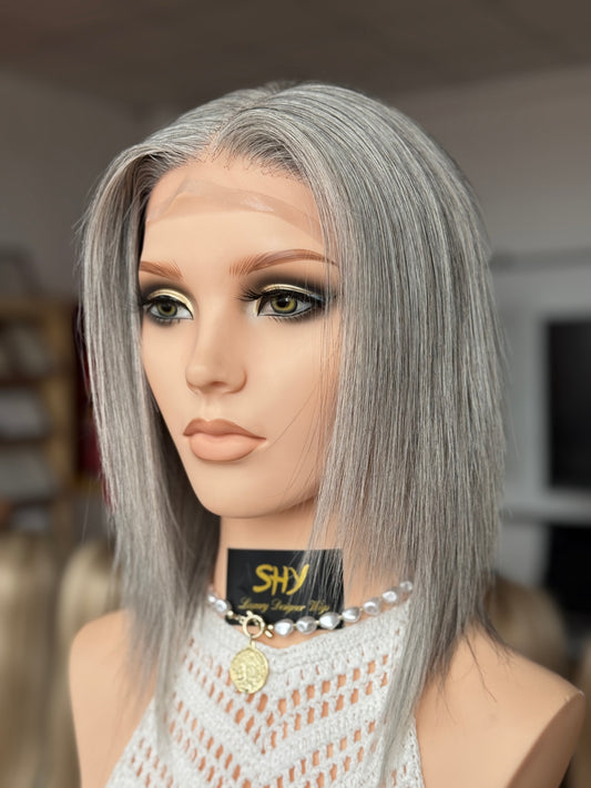 Gray Blonde Full Hand-Tied Human Hair Medical Wig - Style 040 - detail view — alternate view