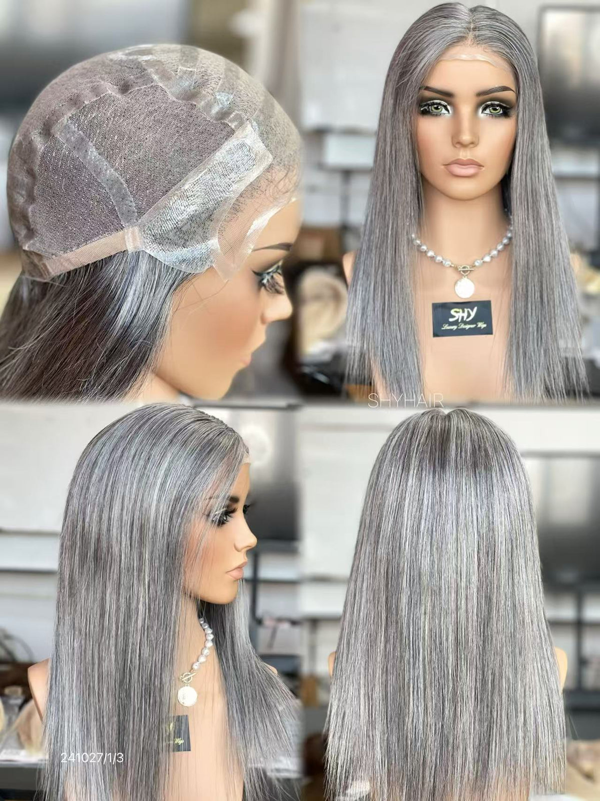 Silver Gray Middle-Part Long Straight Human Hair PU Patchwork Full Lace Medical Wig view 5
