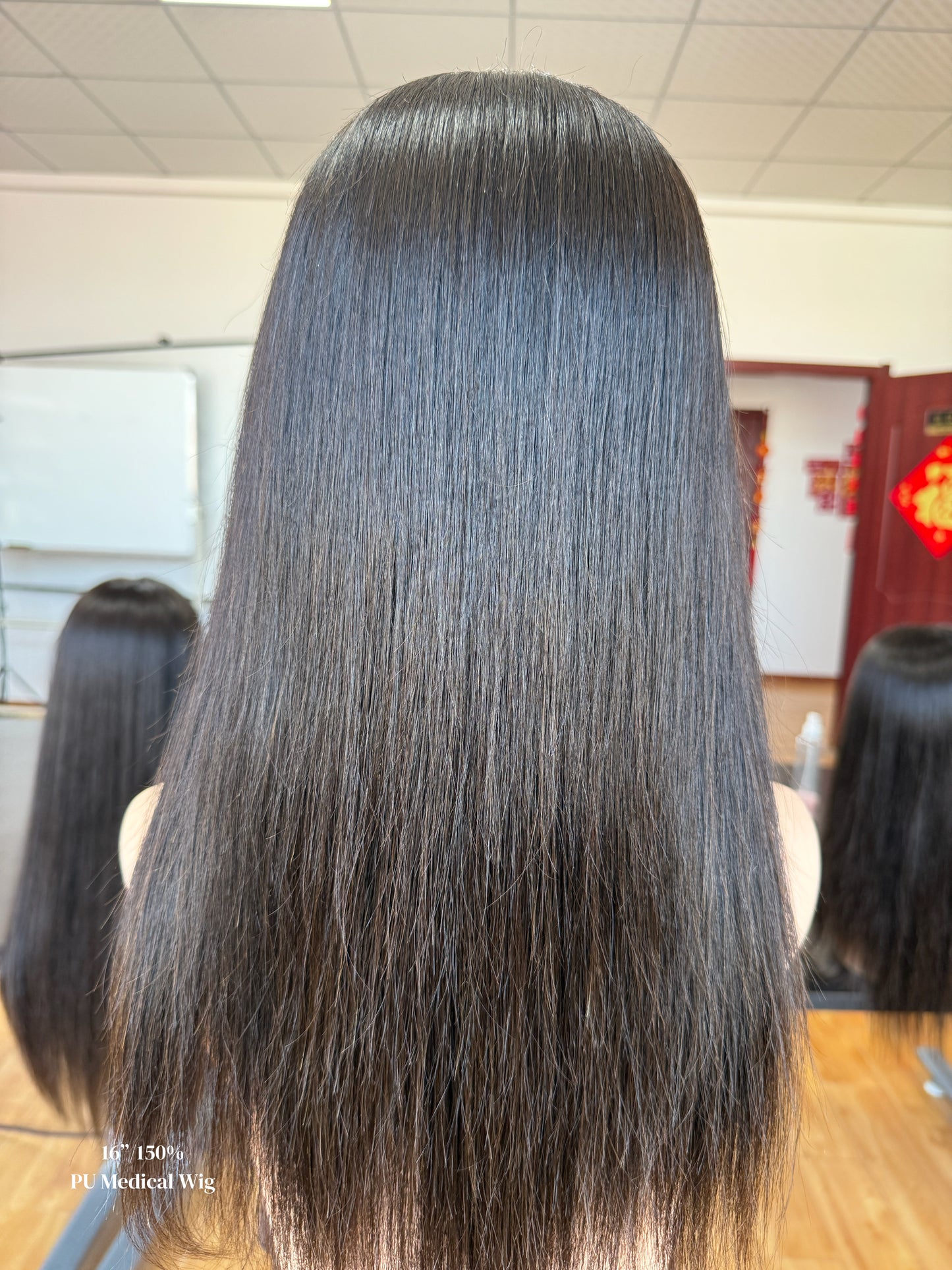 Natural Black Middle-Part Long Straight Human Hair PU Patchwork Full Lace Medical Wig view 7
